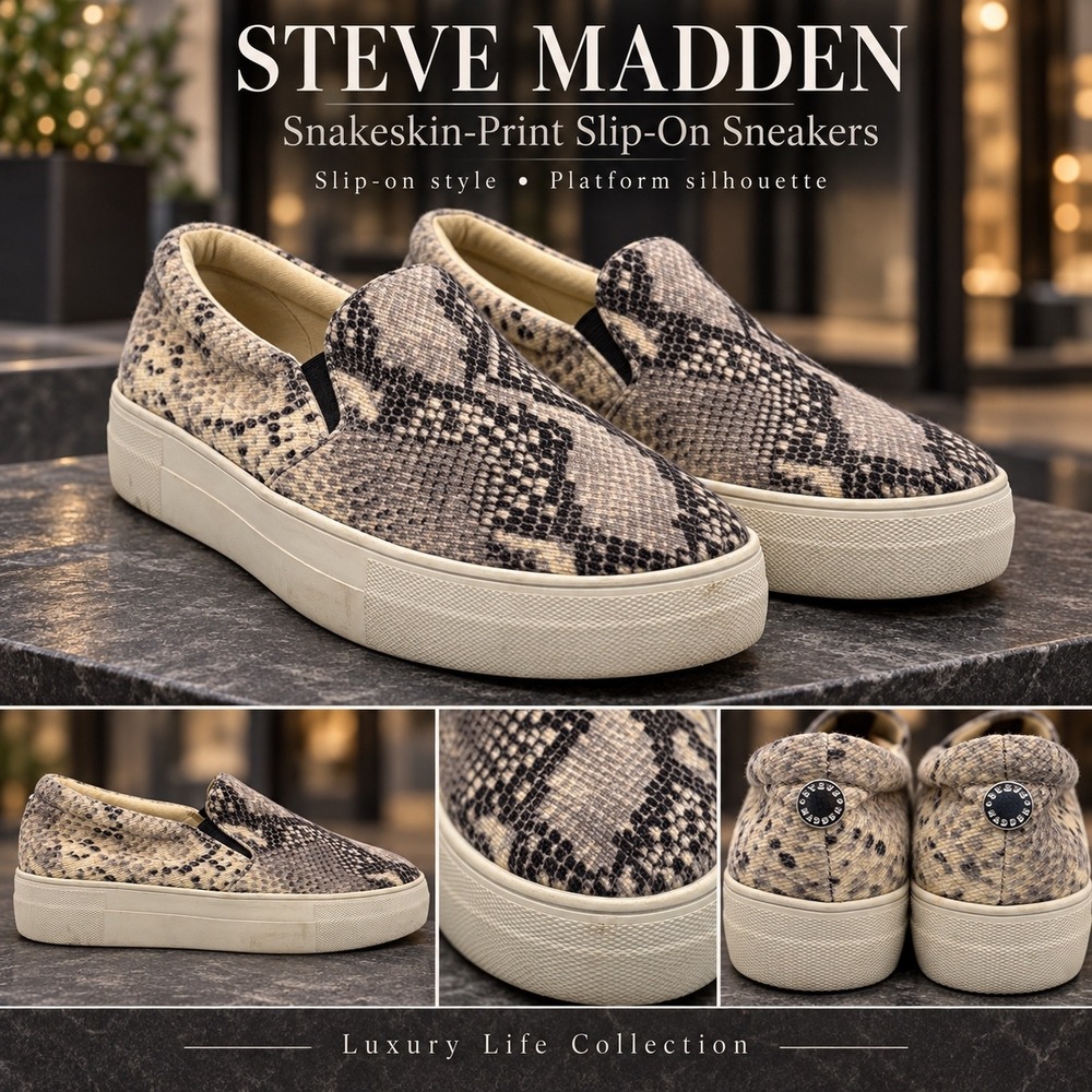 Steve Madden Gills-C Snakeskin Platform Slip On Sneakers Grey Black Womens 8.5M